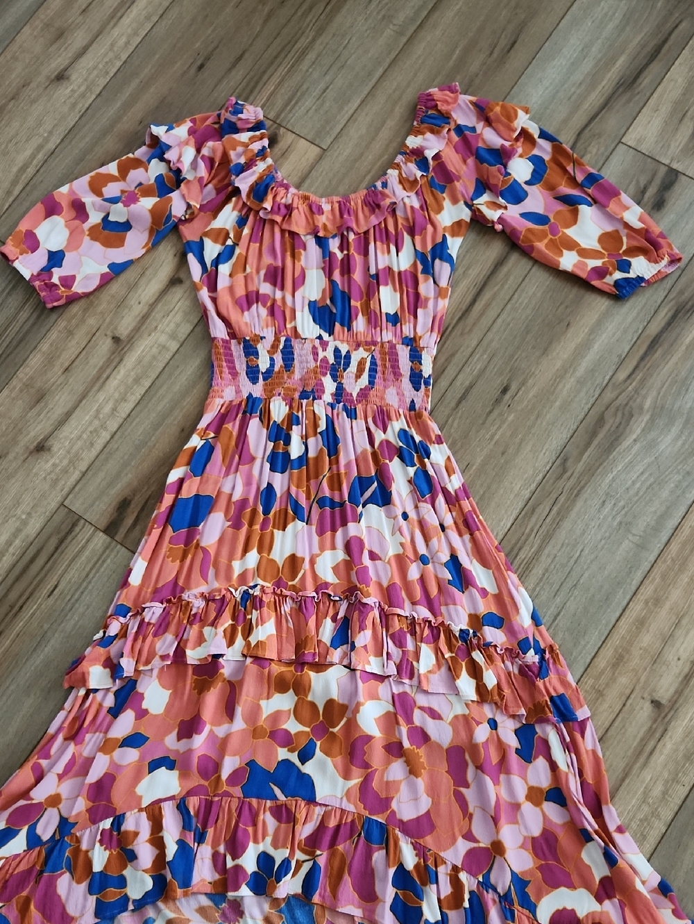 Mister Zimi Floral Hi-Low Tiered Ruffled Maxi  Dress Women's Size 14 Viscose